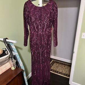 Burgundy Sequin Beaded Long Sleeve Formal Gown